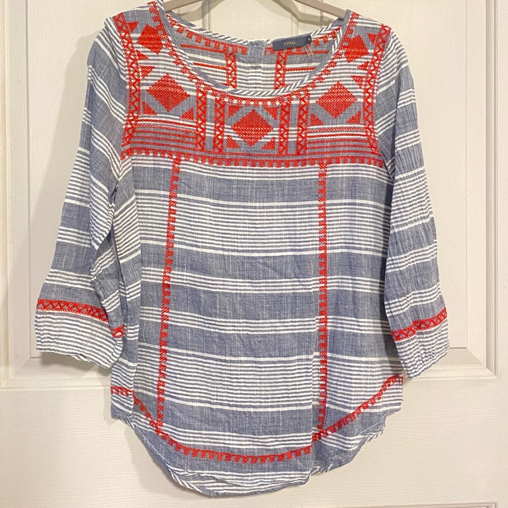 THML • Navy Striped Embroidered Blouse • Medium